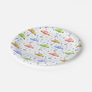 Colourful Watercolor Umbrellas and Rain Drops Fall Paper Plate