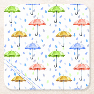 Colourful Watercolor Umbrellas and Rain Drops Fall Square Paper Coaster