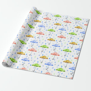 Colourful Watercolor Umbrellas and Rain Drops Fall Wrapping Paper