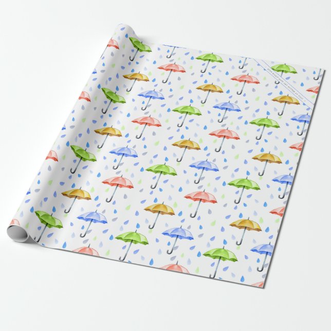 Colourful Watercolor Umbrellas and Rain Drops Fall Wrapping Paper (Unrolled)