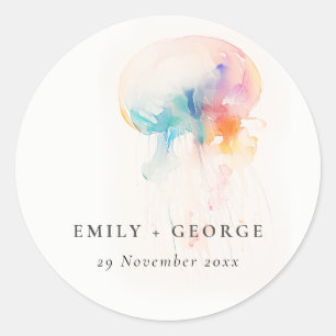 Colourful Watercolor Underwater Jellyfish Wedding Classic Round Sticker