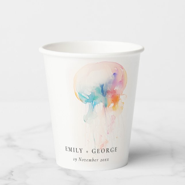 Colourful Watercolor Underwater Jellyfish Wedding Paper Cups (Front)
