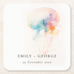 Colourful Watercolor Underwater Jellyfish Wedding Square Paper Coaster