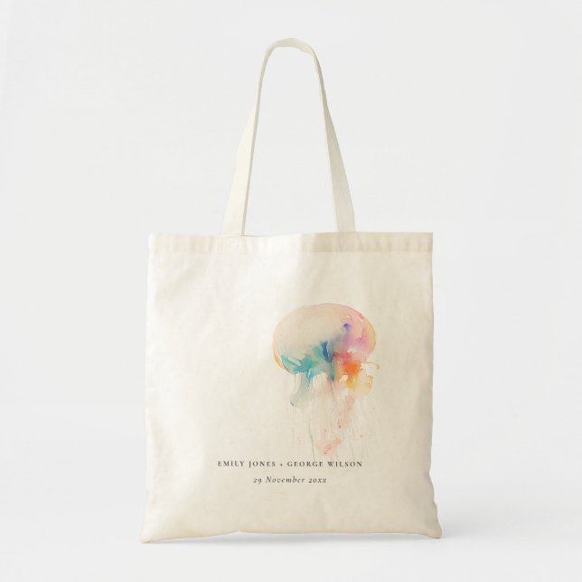 Colourful Watercolor Underwater Jellyfish Wedding Tote Bag (Front)