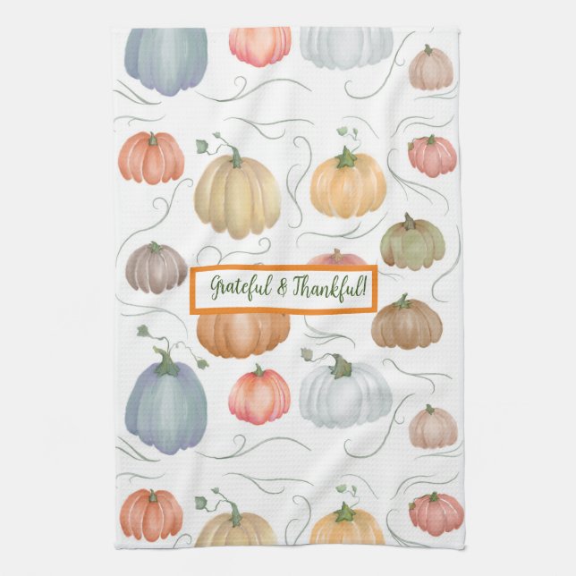 Colourful watercolor vines pumpkin patch  tea towel (Vertical)