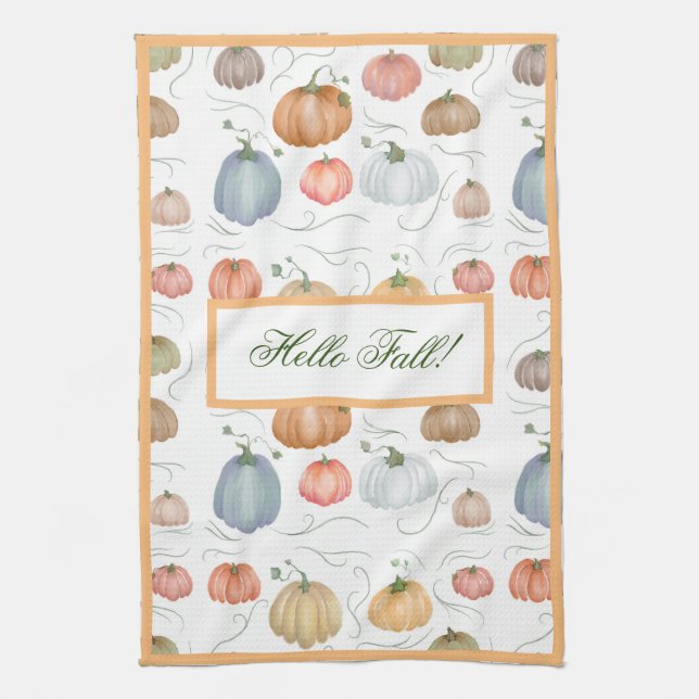 Colourful watercolor vines pumpkin patch  tea towel (Vertical)