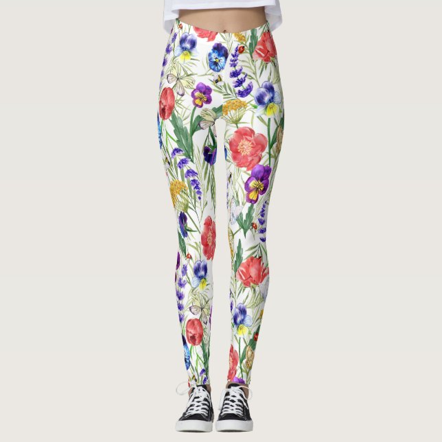 Colourful Watercolor Wild Flowers Poppies Leggings (Front)