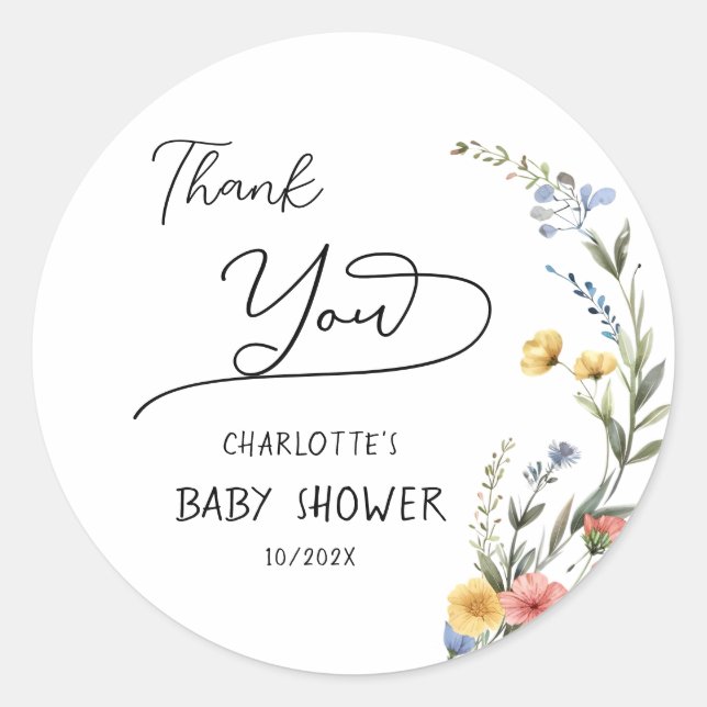 Colourful Watercolor Wildflower Baby Shower Classic Round Sticker (Front)