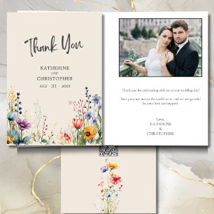 Colourful Watercolor Wildflower Beige Wedding Phot Thank You Card