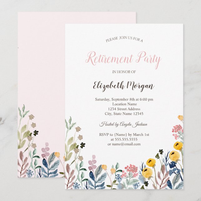 Colourful Watercolor Wildflower Meadow  Retirement Invitation (Front/Back)