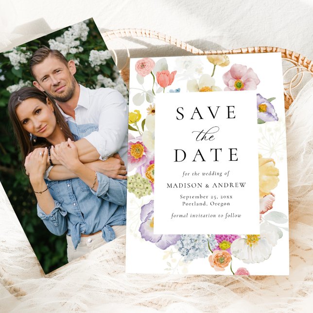 Colourful Watercolor Wildflower Photo Wedding Save The Date (Creator Uploaded)