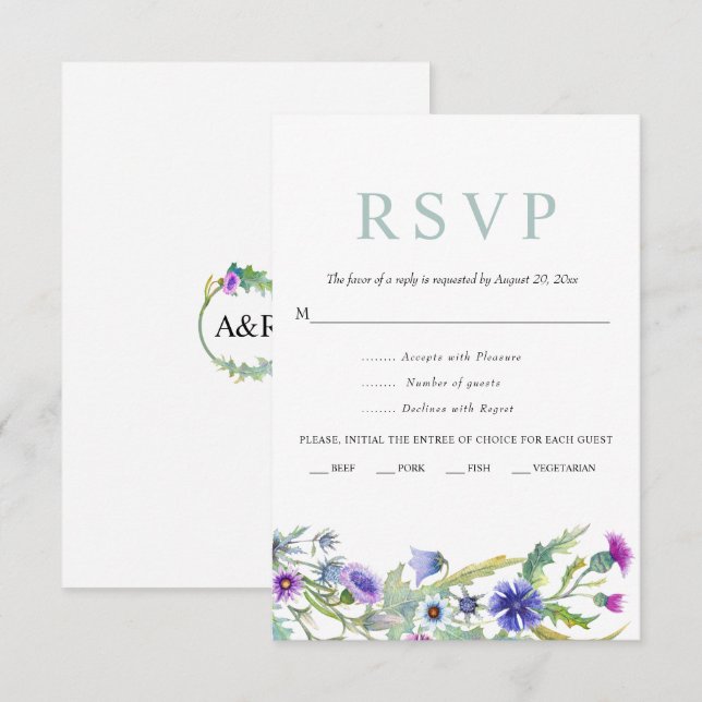 Colourful watercolor wildflower spring wedding RSVP card (Front/Back)