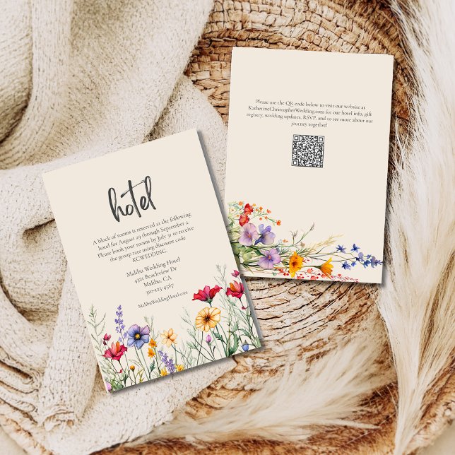 Colourful Watercolor Wildflower Wedding Hotel Beig Enclosure Card (Colorful Wildflowers Wedding Hotel Enclosure Card with purple orange red watercolor flowers, qr code)