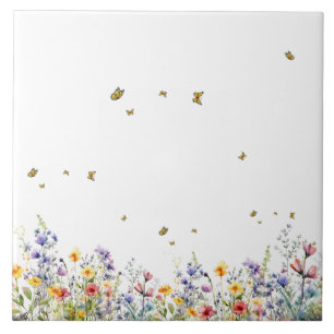Colourful Watercolor Wildflower with Butterfly Tile