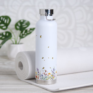 Colourful Watercolor Wildflower with Butterfly Water Bottle