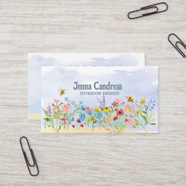 Colourful Watercolor Wildflowers  Business Card (Front/Back In Situ)