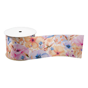 Colourful Watercolor Wildflowers Floral Pattern Satin Ribbon