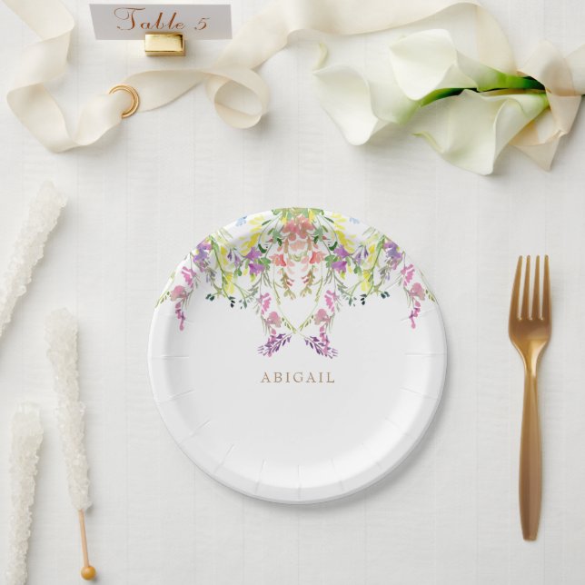 Colourful Watercolor Wildflowers Gold Custom Name  Paper Plate (Wedding)
