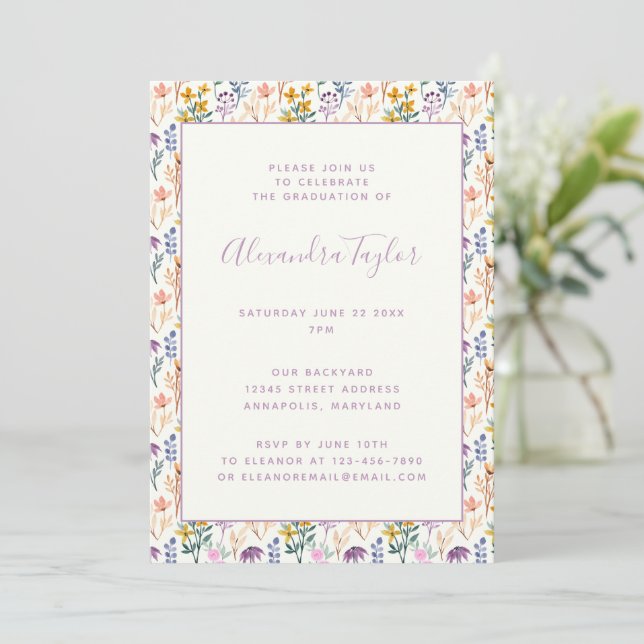 Colourful Watercolor Wildflowers Graduation Party Invitation (Standing Front)