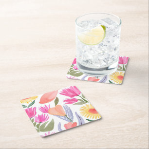 Colourful Watercolor Wildflowers   Hand Painted Square Paper Coaster