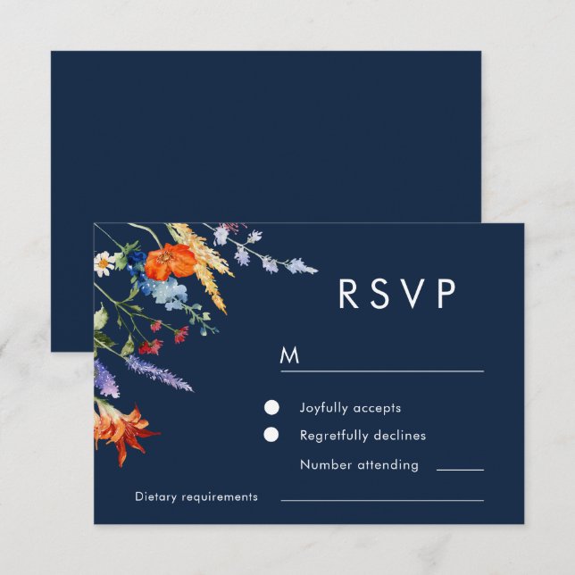Colourful Watercolor Wildflowers Navy Wedding RSVP Card (Front/Back)