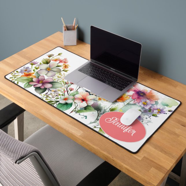 Colourful Watercolor Wildflowers Personalised Desk Mat (Office 2)