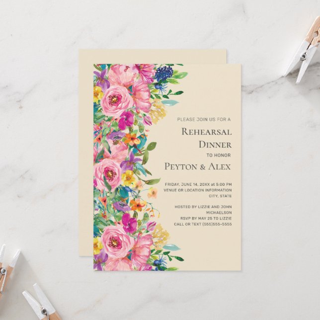 Colourful Watercolor Wildflowers Rehearsal Dinner Invitation (Front/Back In Situ)