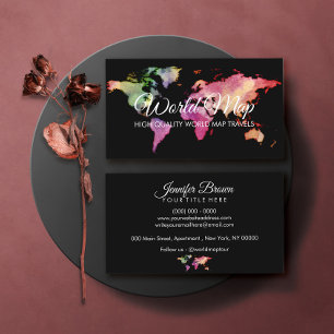 Colourful Watercolor World Map with Handwritten Business Card