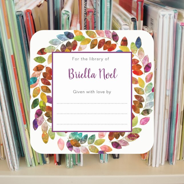 Colourful Watercolor wreath bookplate Square Sticker (Creator Uploaded)