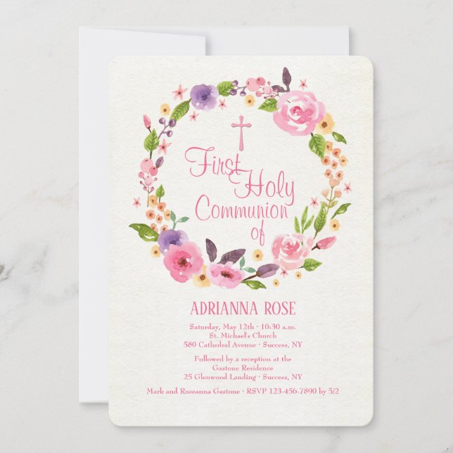 Colourful Watercolor Wreath Religious Invitation (Front)