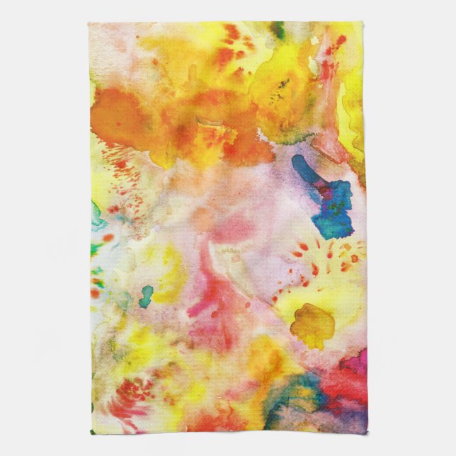 Colourful Watercolor Yellow Splotches Abstract Art Tea Towel (Vertical)