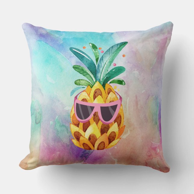 Colourful Watercolors background Cute Pineapple Cushion (Front)