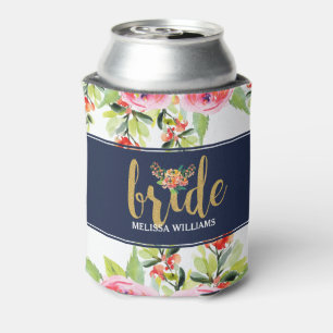 Colourful Watercolors Bouquet Gold Bride Text Can Cooler