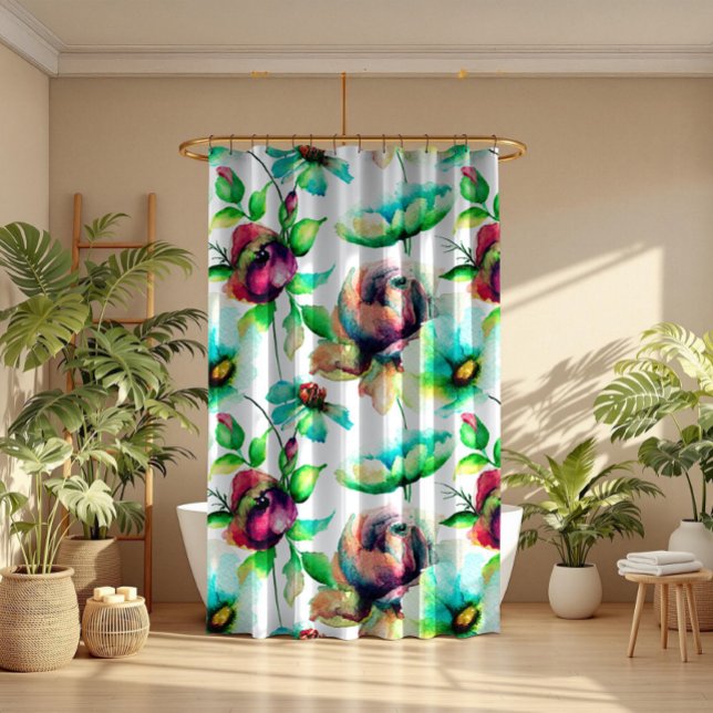 Colourful Watercolors Floral Seamless Pattern Shower Curtain (Creator Uploaded)