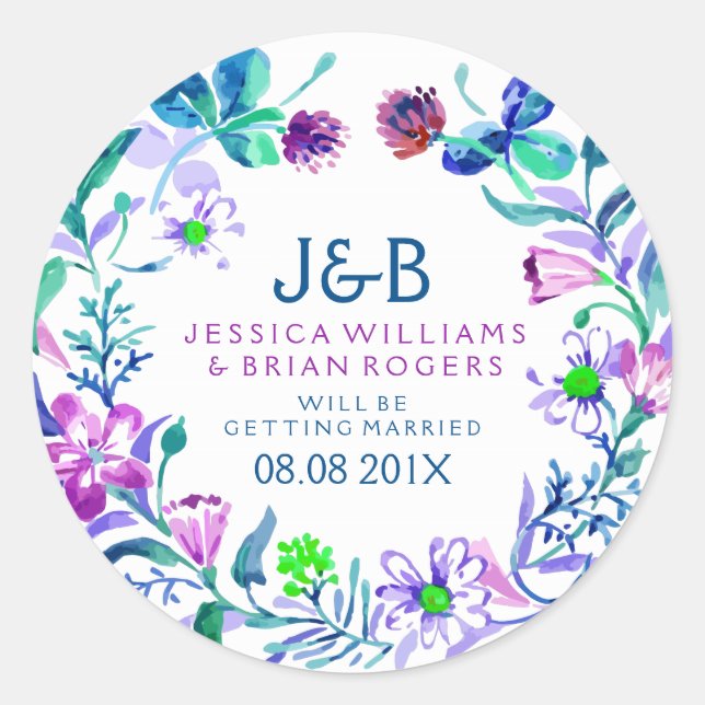 Colourful Watercolors Floral Wreath Classic Round Sticker (Front)