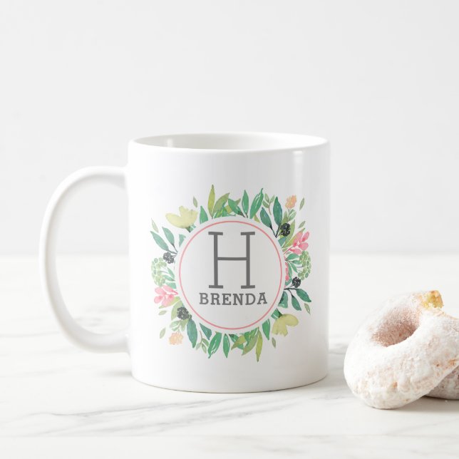 Colourful Watercolors Flowers Bouquet Monogram Coffee Mug (With Donut)