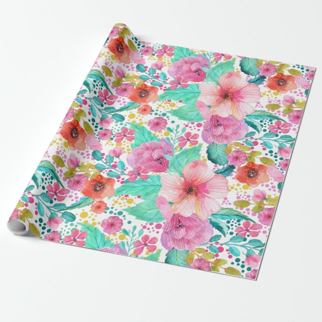 Colourful Watercolors Flowers Collage Wrapping Paper (Unrolled)