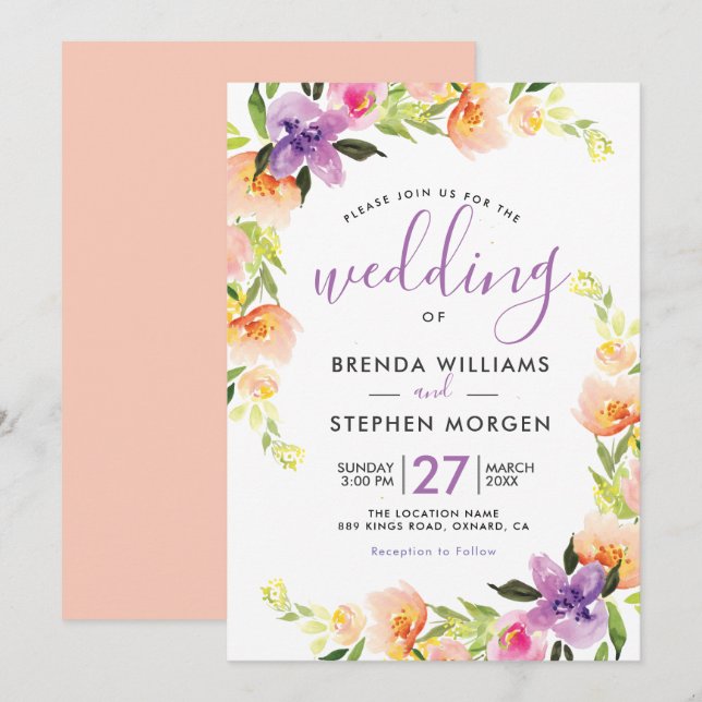 Colourful watercolors flowers frame invitation (Front/Back)