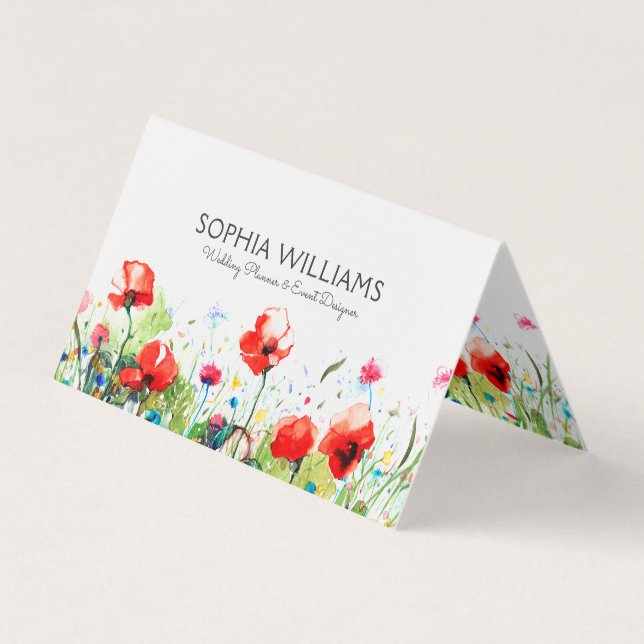 Colourful Watercolors Flowers & Red Poppies Business Card (Front)