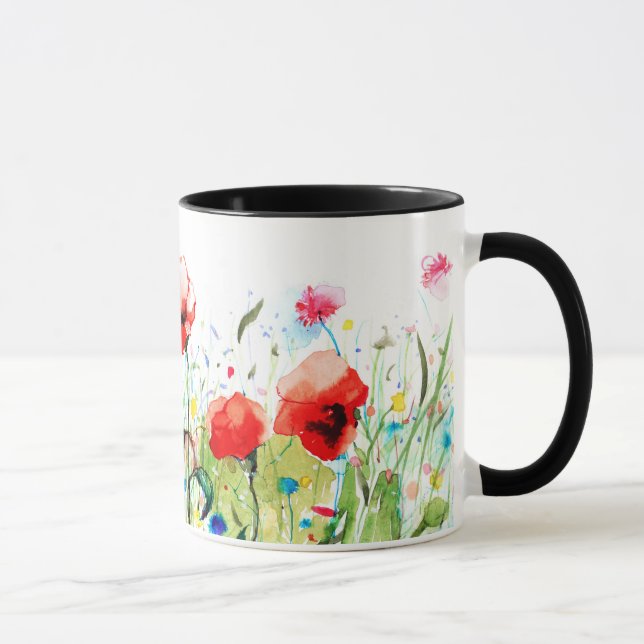 Colourful Watercolors Flowers & Red Poppies Mug (Right)