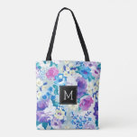 Colourful Watercolors Summer Flowers Pattern Tote Bag<br><div class="desc">Colourful flowers loose watercolors illustration modern trendy seamless pattern.
Black square accent and customisable monogram.</div>