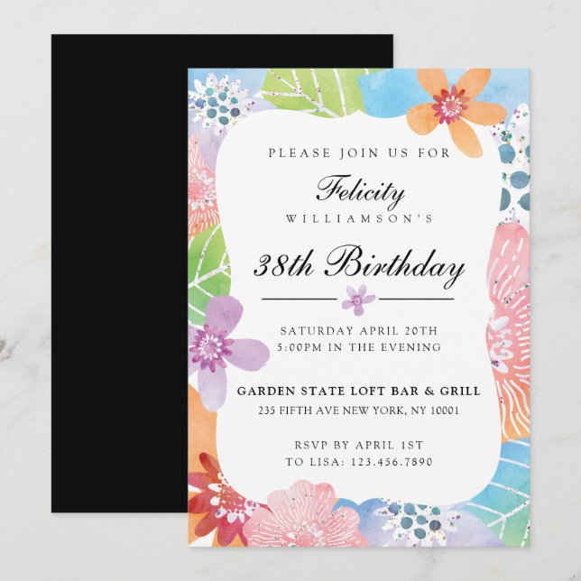 Colourful Watercolour Floral Birthday Invitation (Front/Back)