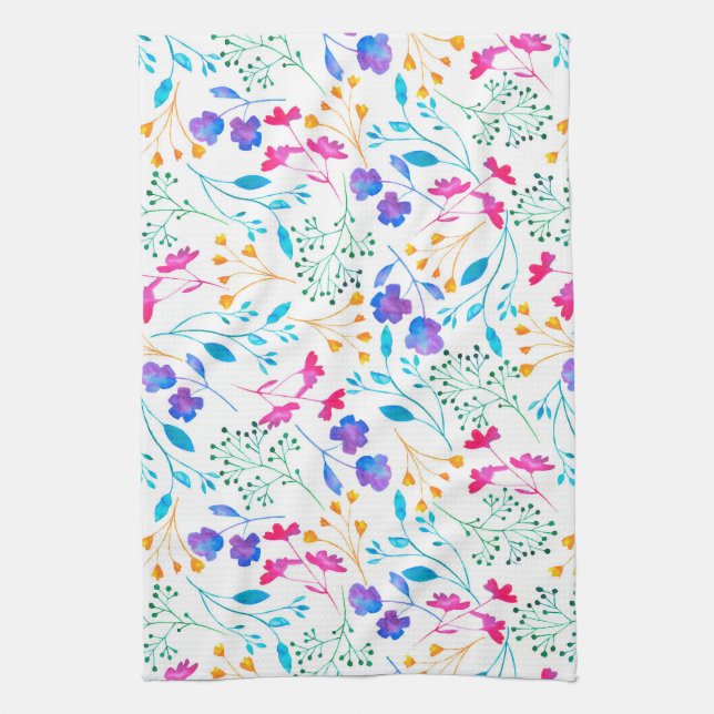 Colourful Watercolour Floral Kitchen Tea Towel (Vertical)