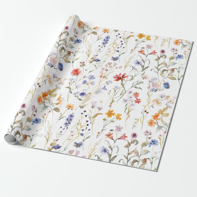 Colourful watercolour wild flower wrapping paper (Unrolled)