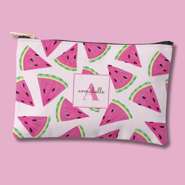 Colourful watermelon slices monogram accessory pouch (Tropical fruit watermelon personalized accessory pouch)