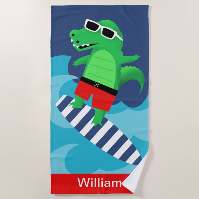Colourful Wave Riding Surfing Alligator Beach Towel (Front)