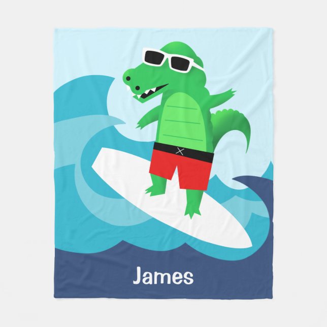 Colourful Wave Riding Surfing Alligator Throw Fleece Blanket (Front)