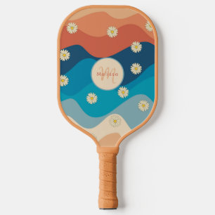 Colourful Waves & Daisies Pattern Monogram Pickleball Paddle