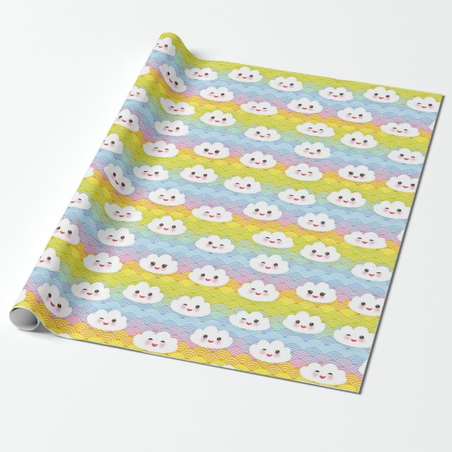 Colourful Waves Emoji Kawaii Clouds Pattern Wrapping Paper (Unrolled)