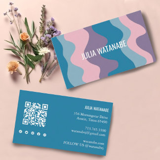 Colourful Waves Stripes QR Code Social Media Chic Business Card